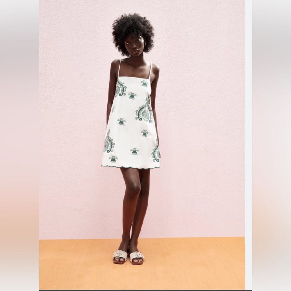 Zara Embroidered Off White/ Teal Dress